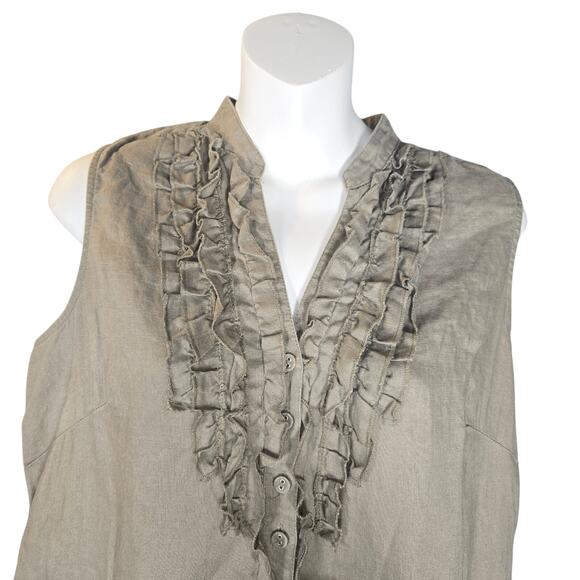 Richard Malcolm Women Medium 100% Linen Top Casual Neutral Ruffle Taupe Vacation - Picture 2 of 9